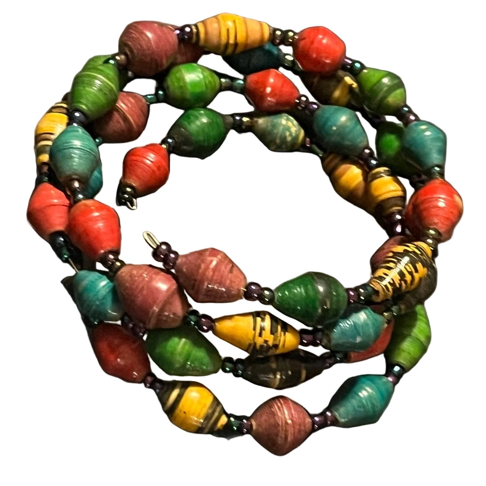 Coil bracelet multicolor paper mache beads aurora borealis spacer seed bead Boho
